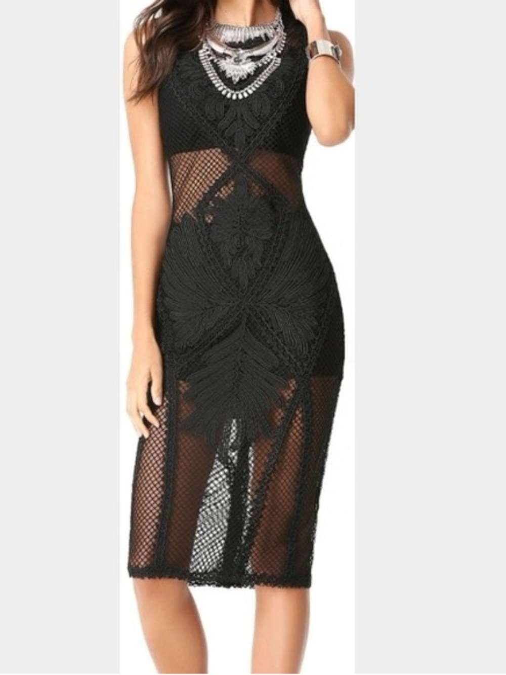 bebe Black Crochet Midi Dress with Sheer Panels